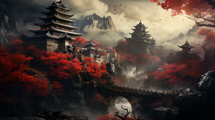 Japanese style castle and nature with beautiful trees, rivers, mountains. - obrazy, fototapety, plakaty