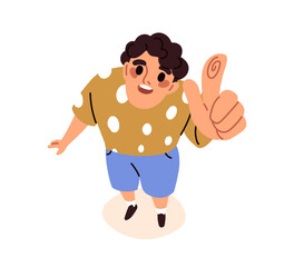 Person looking up, ponting, touching, clicking with finger, top down view. Surprised excited child gesturing with hand, showing something. Flat graphic vector illustration isolated on white background