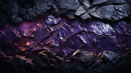 A stone wall background with a black rock texture, adorned by regal purple veins and glistening purple nuggets, marries the rugged beauty of nature with a touch of royal elegance.