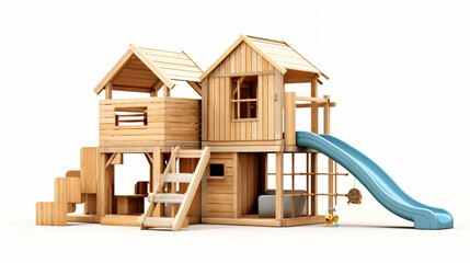 Kids wooden playhouse with slide sand pit and climbing - obrazy, fototapety, plakaty