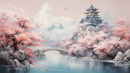 Ancient castle, Japanese style and nature with beautiful trees, rivers, mountains. With cherry blossoms in full bloom - obrazy, fototapety, plakaty