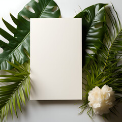 Greeting or invitation card mockup and tropical palm leaves. Blank card with copy space. Top view flatlay