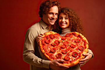 Young couple showing a heart-shaped homemade pizza
