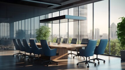 Empty office conference room light modern board meeting office interior with large windows.