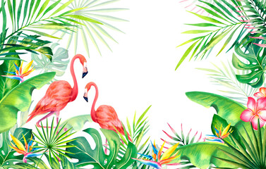 Frame made of palm leaves, banana branches, strelitzia, flamingos.Tropical plants and birds. Watercolor illustration. Carnival in Brazil. Rio de Janeiro. Summer mood. . Banner, template.