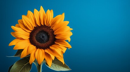 Close-up of a blooming sunflower, its golden hues contrasting with a deep blue backdrop.