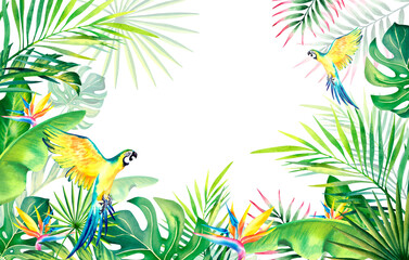 Fototapeta na wymiar A frame made of palm leaves, banana branches, strelitzia, and macaws. Tropical plants and birds. Watercolor illustration. Carnival in Brazil. Rio de Janeiro. Summer mood. Banner.