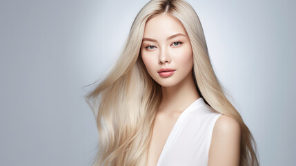 Obraz na płótnie Canvas Portrait of Korean woman with long wavy blonde hair. Hair care, make-up and hair health