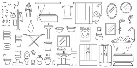 Set of hand drawn bathroom and toilet icons. Collection of bathroom accessories. Vector illustration. Vector illustration - obrazy, fototapety, plakaty