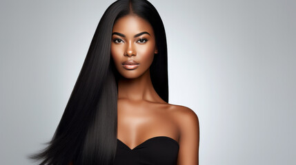 Portrait of young african woman with long straight hair. Hair care, make-up and hair health