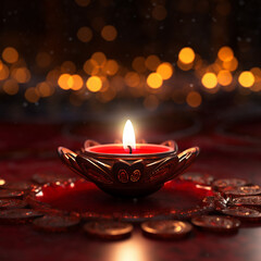 Diya on red floor during a festival of diwali