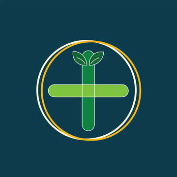 Health care logo vector, green plus icon with leaf's and golden and white circle
