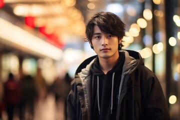 Fototapeta premium Young asian man wear street fashion in city background.
