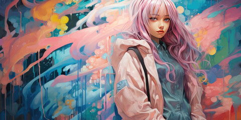 Fototapeta premium the young anime girl standing with a purple jacket