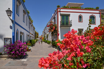 Blumen mit Gasse und Häusern im Ort Puerto de Mogan auf der kanarischen Insel Gran Canaria / Spanien - obrazy, fototapety, plakaty