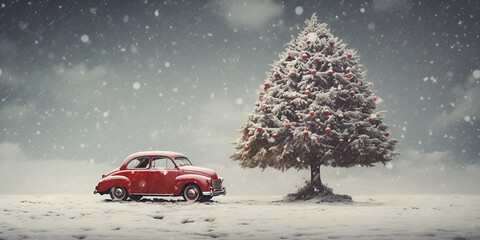 A Vintage Christmas Red Car and Festive Tree