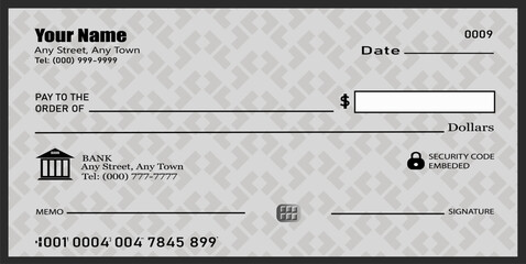 Blank template of the bank check. Checkbook cheque page with empty fields to fill.