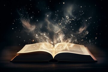 Image of book with imaginary word, rain, cloud, open pages, isolated on dark background, emitting magical sparks and smoke. Generative AI