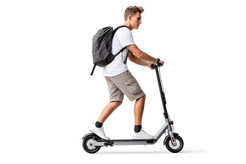 Full length shot of man with backpack and riding electric scooter isolated on white background . - obrazy, fototapety, plakaty