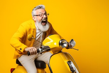 happy mature man riding scooter on yellow color background.