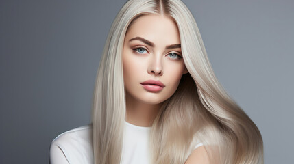 Fototapeta premium Portrait of young woman with long straight blonde hair. Hair care, make-up and hair health