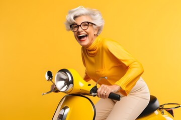 happy mature woman riding scooter on yellow color background. - obrazy, fototapety, plakaty