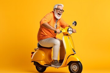 happy mature man riding scooter on yellow color background. - obrazy, fototapety, plakaty