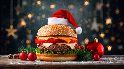 Big burger on a Christmas background with Santa's hat. Generative AI,