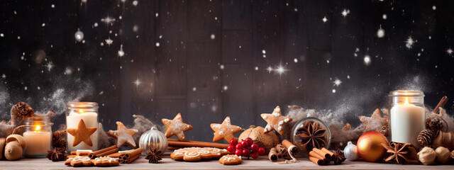 Christmas cookies and ingredients on the table. Generative AI,