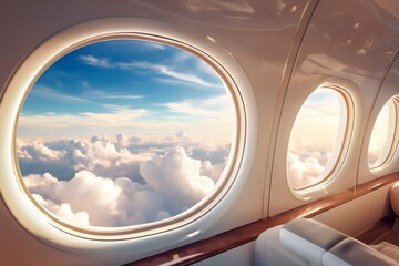 Modern luxury interior in business private jet with view from window sky and clouds.