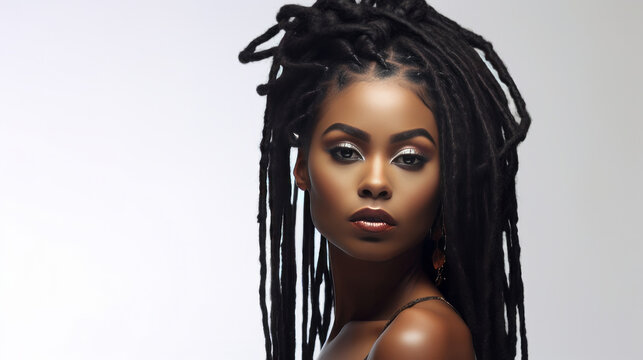Portrait of young african woman with long natural locs. Hair care, make-up and hair health
