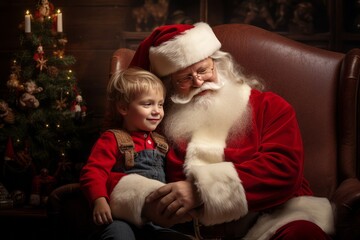 Obraz premium Winter holidays concept. Happy fabulous childhood. A little boy sits on Santa's lap and makes a wish in a cozy Christmas home interior. A joyful child. Generative AI.