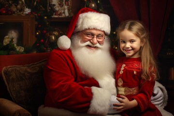 Fototapeta na wymiar Winter holidays concept. Happy fabulous childhood. A little girl is sitting next to Santa Claus and making a wish in a cozy Christmas home interior. A joyful child. Generative AI.