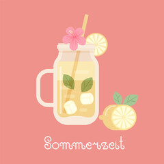 Lemon smoothie with lemon, lemon slice, straw, ice and tropical flower hibiscus. German lettering "Sommerzeit", which means "Summer time" in English. Summer poster template. Vector illustration
