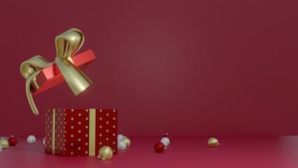 Merry Christmas and Happy New Year background. gift box, Holiday banner, 3D Rendering. 