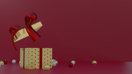Merry Christmas and Happy New Year background. gift box, Holiday banner, 3D Rendering. 