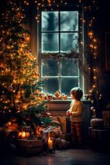 Christmas night child near the window. Generative AI, - obrazy, fototapety, plakaty
