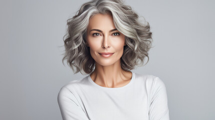 Portrait of mature woman with curly wavy grey hair. Hair care, make-up and hair health - obrazy, fototapety, plakaty
