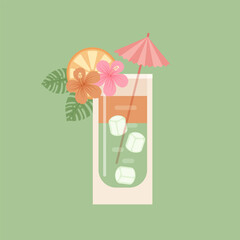 Tropical cocktail with hibiscus, tropical leaves and cocktail umbrella. Summer poster template. Vector illustration