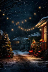 Christmas night house and street in garlands. Generative AI,