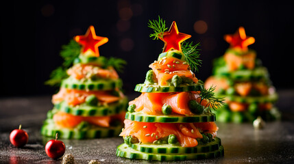 Christmas tree appetizer made from cucumber and red fish. Generative AI, - obrazy, fototapety, plakaty
