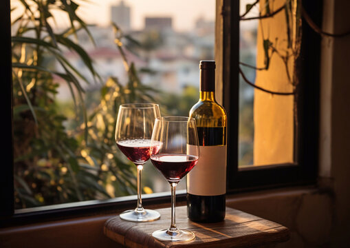 Bottle and glass of red wine on window with beautiful old city view on summer evening.Macro.AI Generative