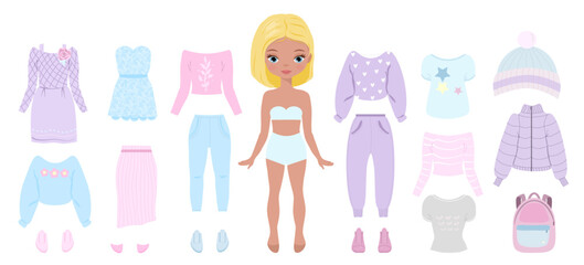 Paper doll clothes, Cute girl with clothes. Clothes set, collection. Vector illustration. Doll for children play. Cutouts. Fashion girl with jeans, skirt, dresses, coat, jacket, t shirt, hoodie
