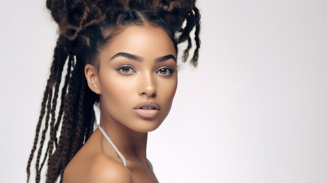 Portrait of young african woman with long natural locs. Hair care, make-up and hair health
