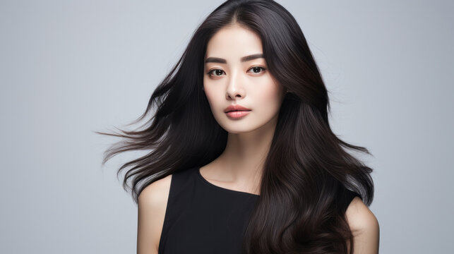 Portrait of Korean woman with long wavy black hair. Hair care, make-up and hair health