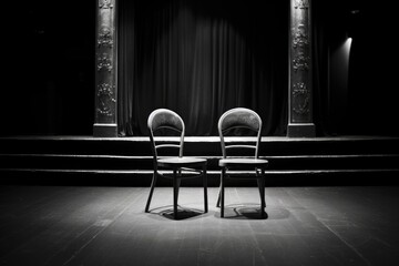 monochrome image of a theatre stage with an empty chair