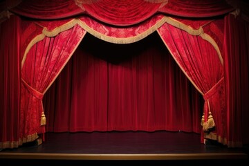 side view of open proscenium stage with red curtains
