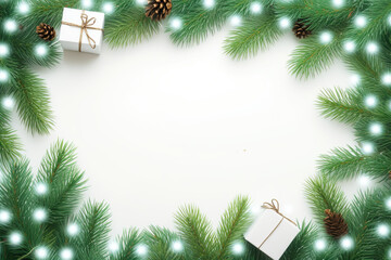 Christmas background with fir branches, gift boxes, and lights on a white background. 