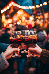 People at the Christmas market with mulled wine in their hands. Generative AI,