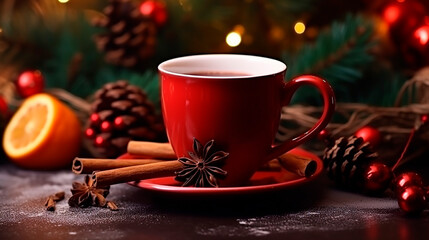 Obraz na płótnie Canvas A cup of hot drink on a Christmas background. Generative AI,